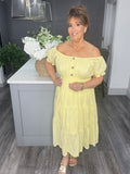 Yellow broidery anglaise Bardot midi dress