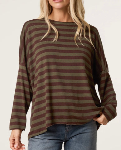 Stripe soft knit top-Khaki/chocolate