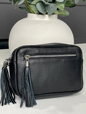 Black double tassel genuine Italian leather camera bag