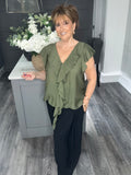 Cascade ruffle trim blouse-Khaki