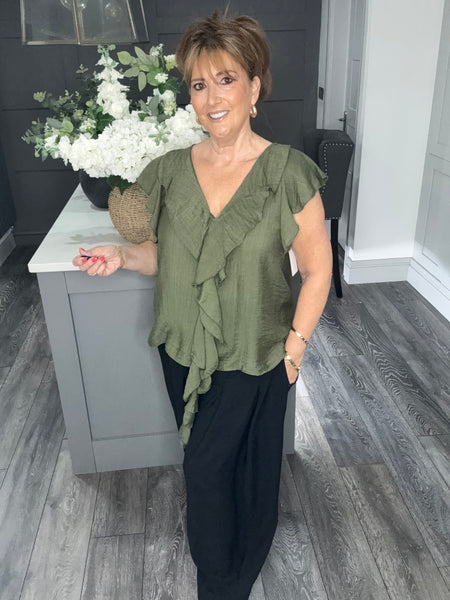 Cascade ruffle trim blouse-Khaki