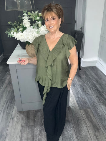 Cascade ruffle trim blouse-Khaki