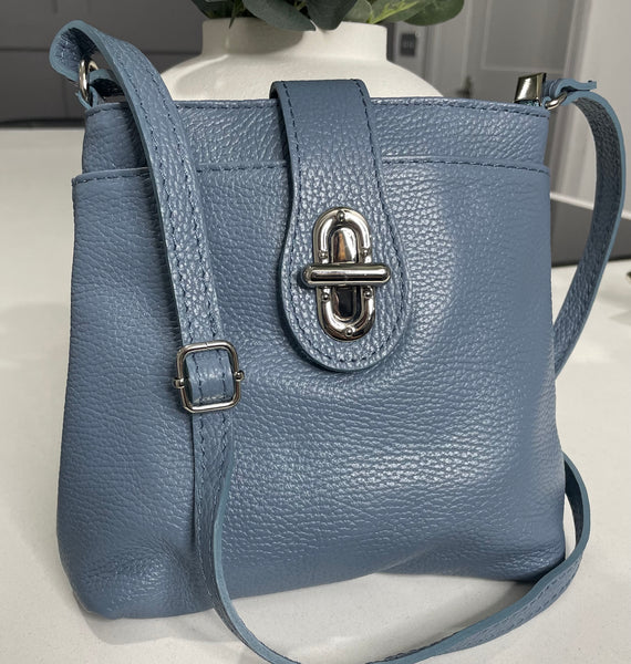 Denim blue Italian leather crossbody/shoulder bag with twist lock