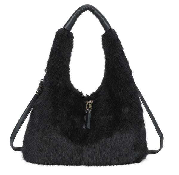 Fluffy faux fur hobo bag-Black