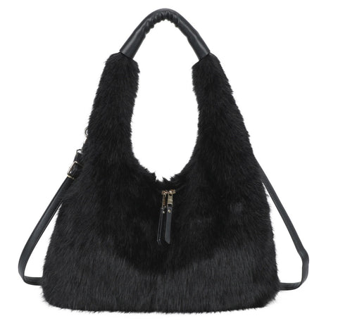 Fluffy faux fur hobo bag-Black