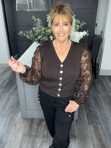 Flower sleeve top-Chocolate