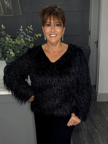 V neck sparkle fringe sweater-Bkack