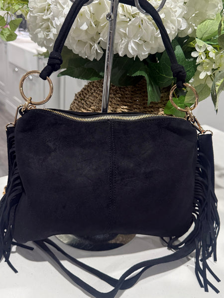 Soft faux suede ring tassle bag-Black