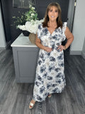 Fern print cross over V neck maxi-Navy