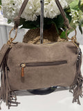 Soft faux suede ring tassle bag-Taupe