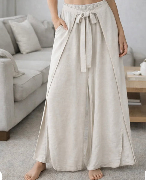 Italian wrap front,wide leg trouser-Beige
