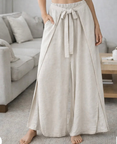 Italian wrap front,split hem wide leg trouser-Beige