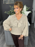 Fluffy bow front jumper-fawn