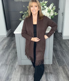 Italian fringed long line cardigan-Chocolate
