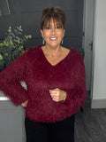 V neck sparkle fringe sweater-Merlot