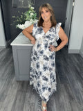 Fern print cross over V neck maxi-Navy
