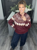 Fair Isle zip neck soft knit jumper-Burgungy