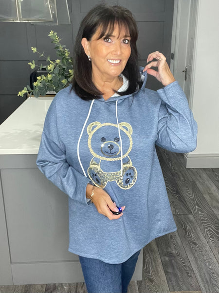 Sequin Teddy hoody -Denim blue