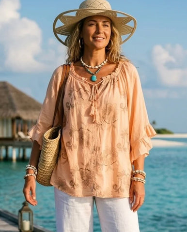 Flower embroidered ruffle sleeve blouse-Apricot