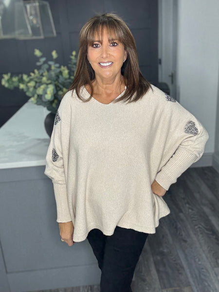 Beige double heart V neck sweater