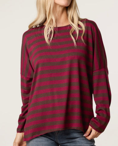Stripe soft knit top-Wine/chocolate
