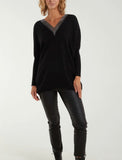 Carla Diamanté V neck luxury fine knit jumper in Black