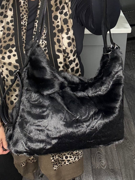 Black faux fur shoulder/crossbody bag-Black