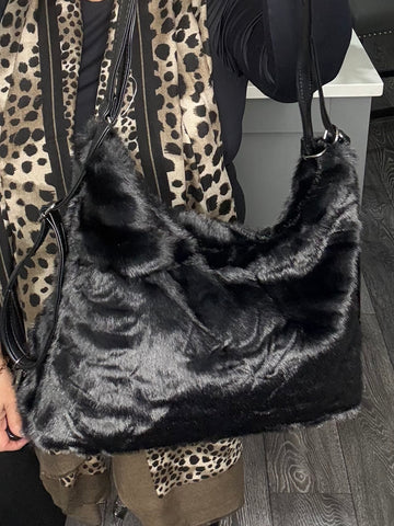 Black faux fur shoulder/crossbody bag-Black