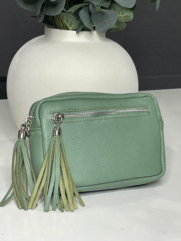 Sage green double tassel genuine Italian leather bag