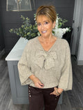 Fluffy bow front jumper-fawn
