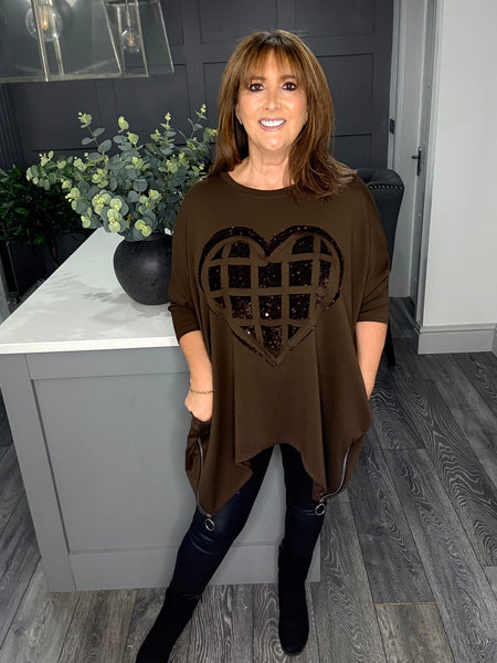 Mia scuba velvet sequin heart top-Chocolate