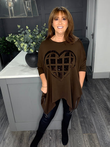 Mia scuba velvet sequin heart top-Chocolate