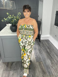 Portofino lemon tile print bandeau jumpsuit with pockets-Khaki