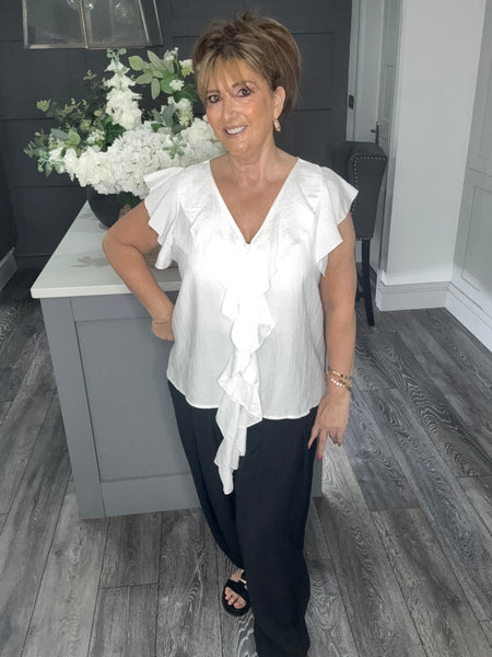 Cascade ruffle trim blouse-White