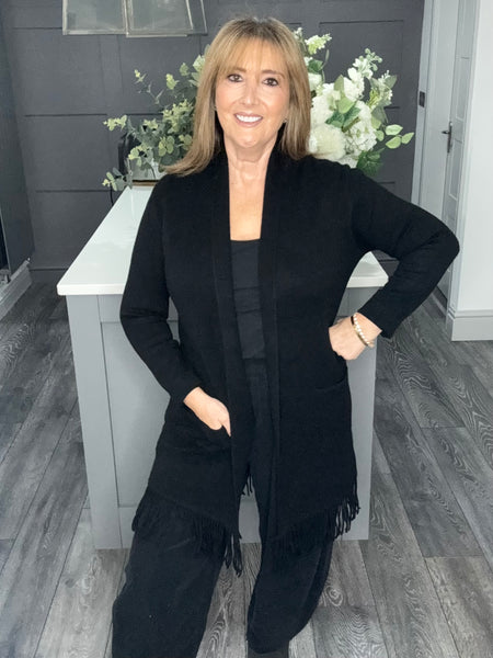 Italian fringed long line cardigan -Black