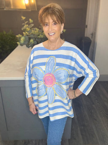 Blue stripe flower sweater