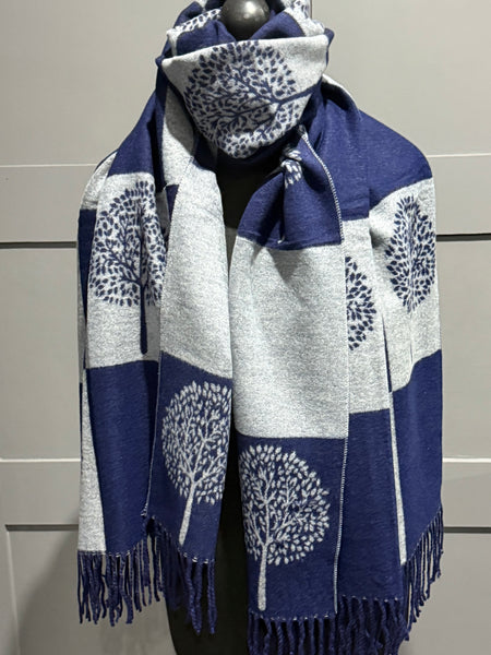 Super soft , cashmere blend checkered tree of life reversible scarf-Navy/grey