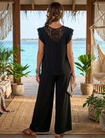 Crochet back flutter sleeve two piece set-Black