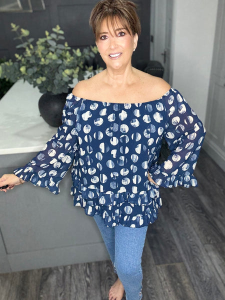 Spotty double layer frill hem top-Navy