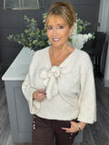 Fluffy bow front jumper -Beige