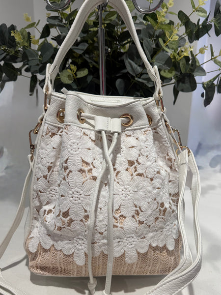 White crochet lace straw bag