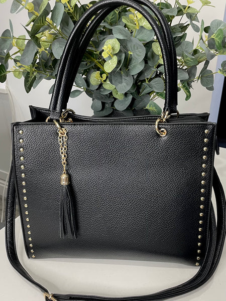 Medium studded Tote bag with tassel-Black