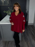 Wine double heart V neck sweater
