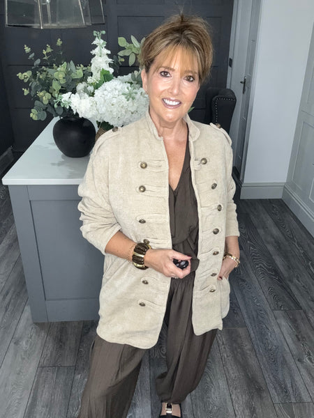 Soft velvet chenille cord military jacket-Beige