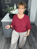 Soft knit frill sleeve sweater-Wine