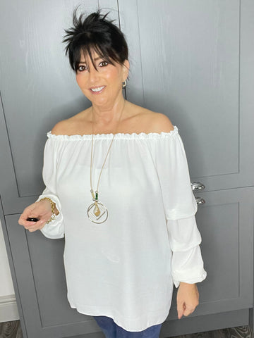 Demi ruched sleeve Bardot top in White