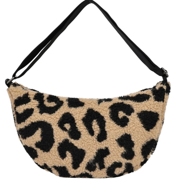 Large leopard print teddy half moon crossbody-Camel