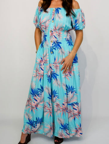 Tropical leaf Maxi dress with pockets-Turquoise