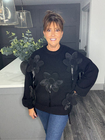Large petal flower jumper-Black