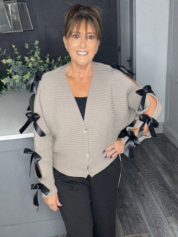 Bella bow ribbed cardigan-Mocha